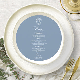 Cartes de menu de mariage rondes monogramme bleu p
