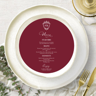 Cartes de menu de mariage rondes monogramme bordea