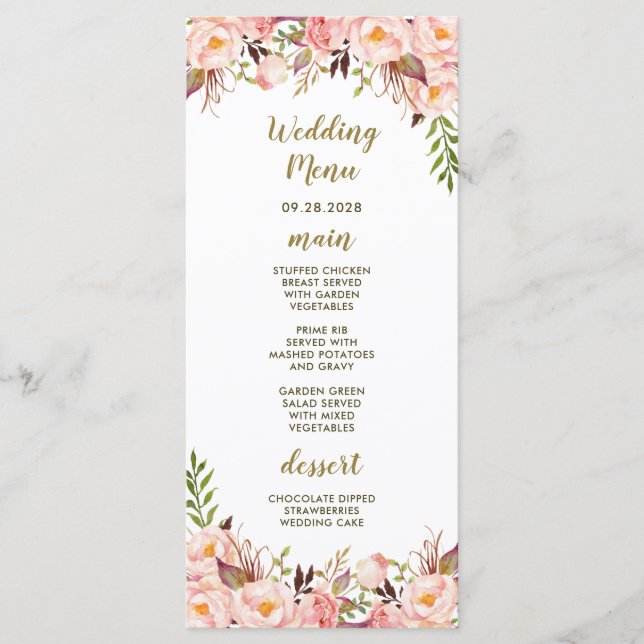 Cartes de menu de mariage rose et or Pivoine Rouge (Devant)