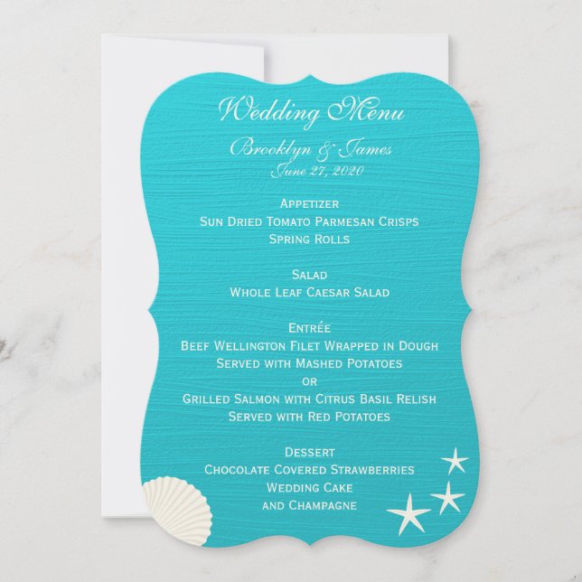 Cartes de Menu de Mariage sur la Plage avec Coquil (Devant)