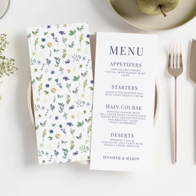 Cartes de menu du mariage à fleurs bleu vert (Créateur téléchargé)