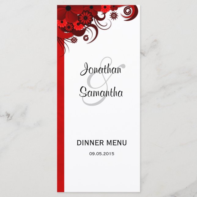 Cartes de menu du Mariage à fleurs rouges et blanc (Devant)