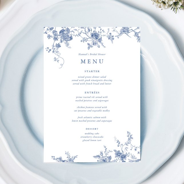 Cartes de menu du Mariage Floral bleu (Créateur téléchargé)