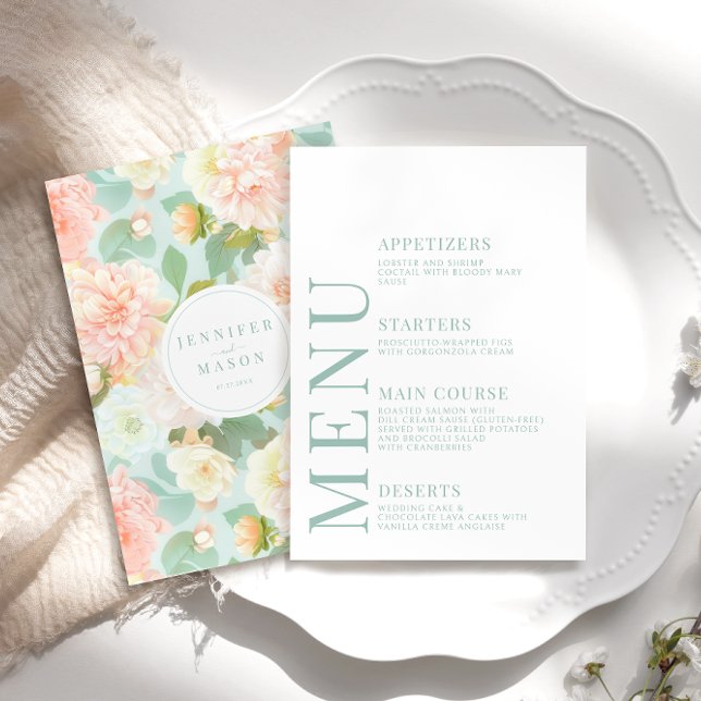 Cartes de menu du Mariage Floral Peach Peony (Créateur téléchargé)