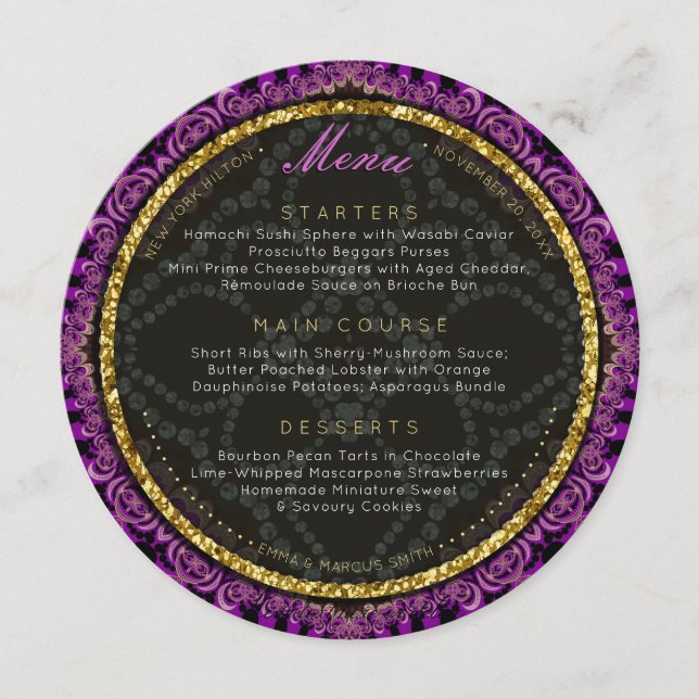 Cartes de menu du Mariage rond Diamond Fuschia Lac (Devant)