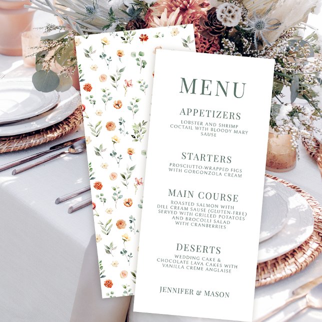 Cartes de menu élégantes à mariage vert orangé (Créateur téléchargé)