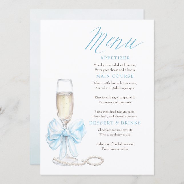 Cartes de menu fantaisie Perles et Prosecco (Devant / Derrière)