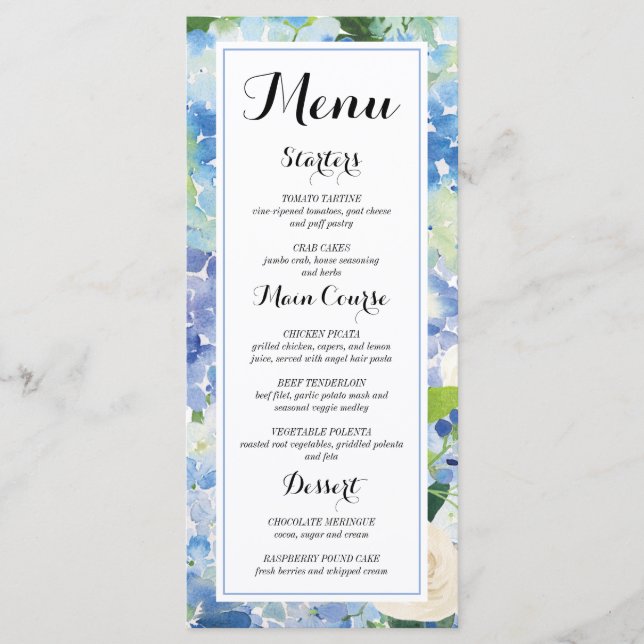 Cartes de menu Fleur de Hortensia Bleu (Devant)