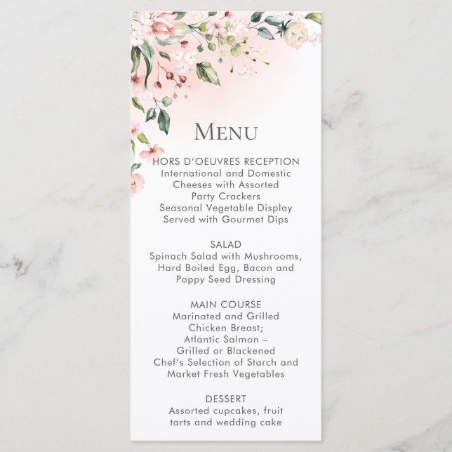 Cartes de menu Fleurs Florales Rose Pêche Blanc (Devant)