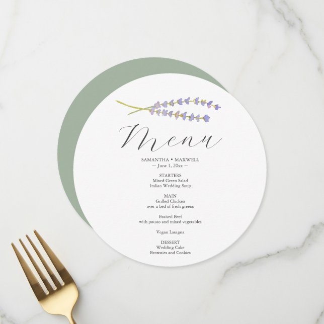 Cartes de menu imprimées pour Lavender Mariage (Devant/Arrière en situation)