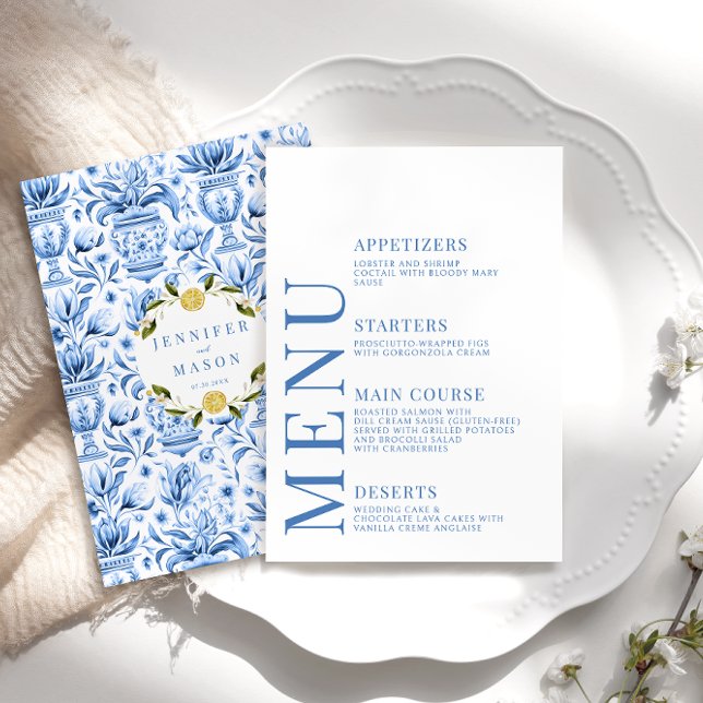 Cartes de menu italien mariage en porcelaine bleue (Créateur téléchargé)
