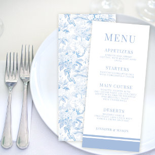 Cartes de menu mariage à fleurs en porcelaine bleu