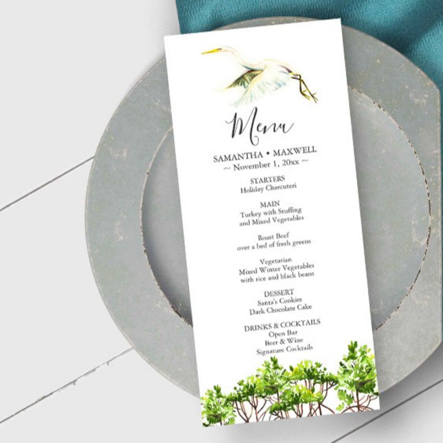 Cartes de menu mariage Aquarelle Héron blanc (destination weddings Florida menu cards watercolor mangroves and great white heron Do Tell A Belle)