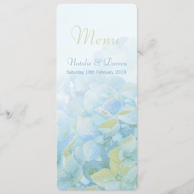 Cartes de menu mariage bleu vert Hydrangea (Devant)