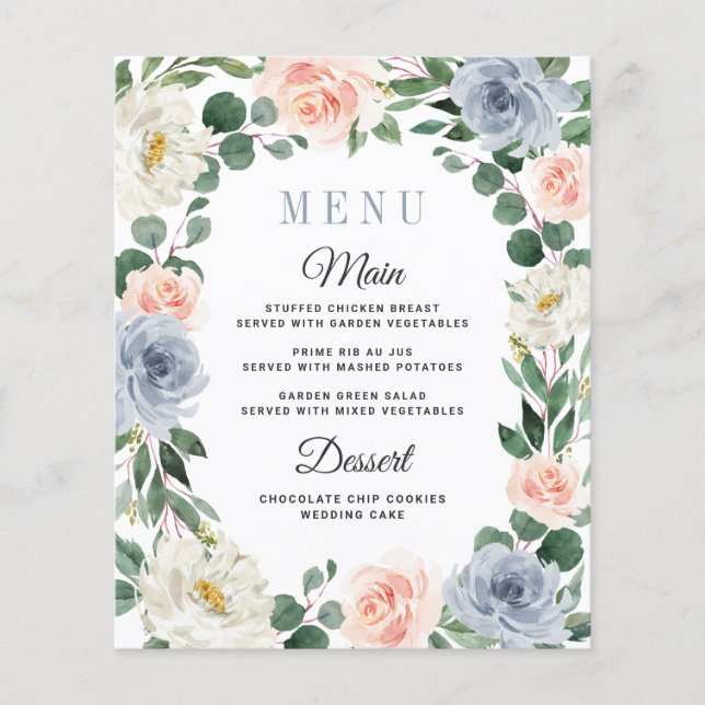 Cartes de menu Mariage couleur bleu rose pâle (Devant)