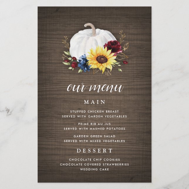 Cartes de menu Mariage de automne Citrouille blanc (Devant)
