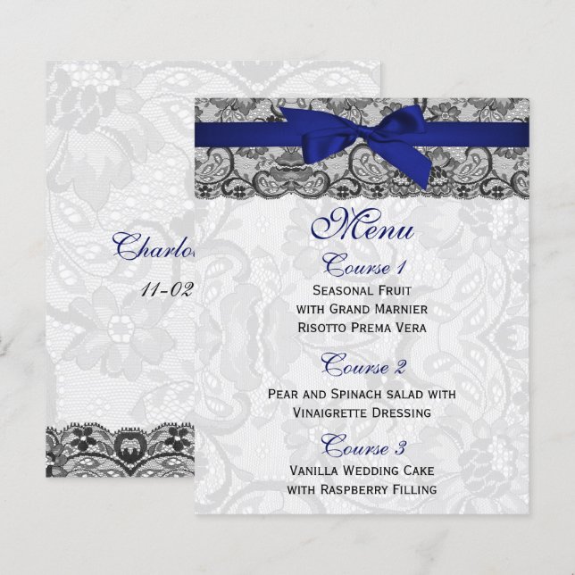 Cartes de menu Mariage de la marine de la dentelle (Devant / Derrière)