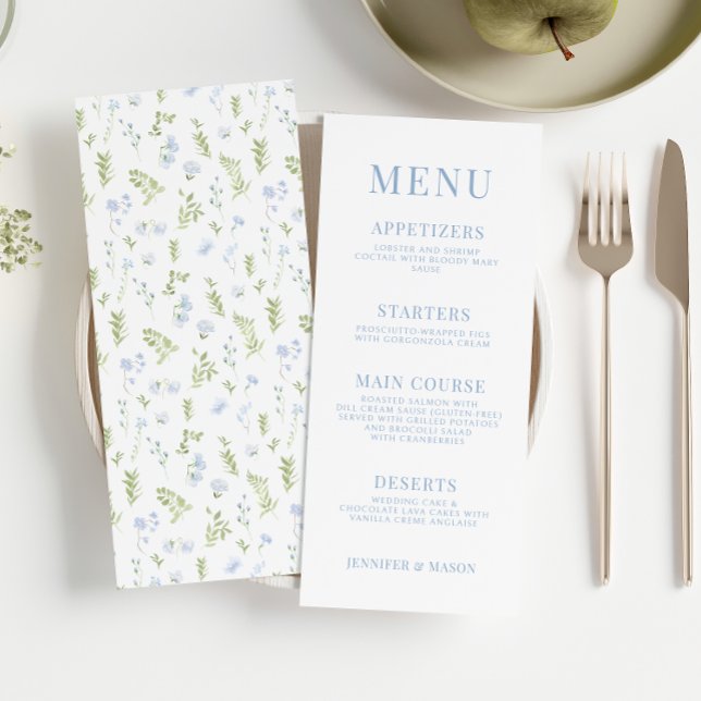 Cartes de menu mariage du jardin de fleurs bleu cl (Créateur téléchargé)