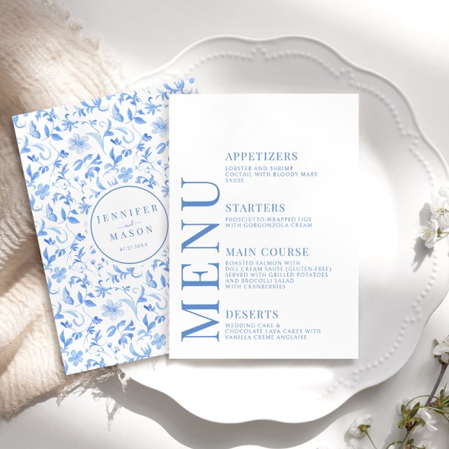 Cartes de menu mariage en porcelaine fleurie bleue (Créateur téléchargé)