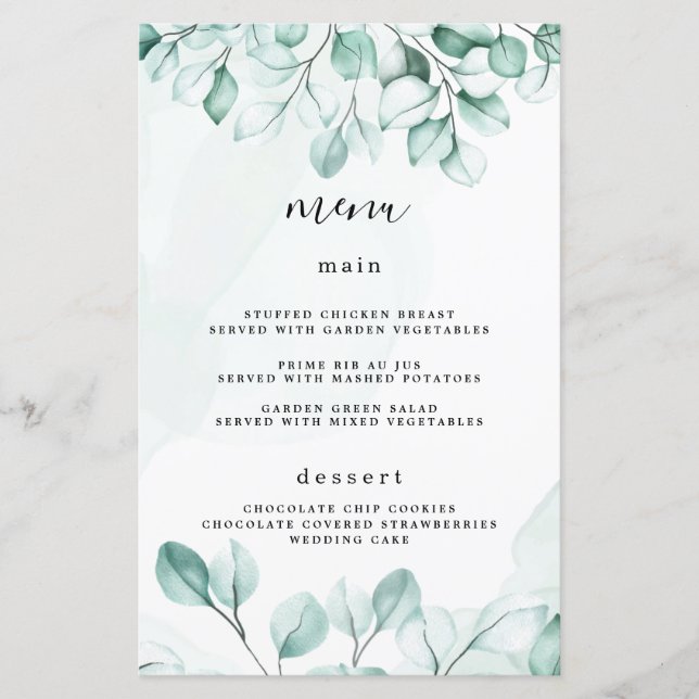 Cartes de menu Mariage Eucalyptus Vert (Devant)