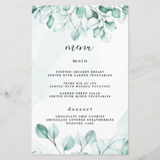 Cartes de menu Mariage Eucalyptus Vert