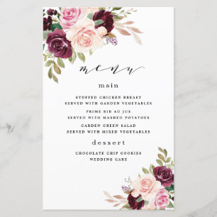 Cartes de menu Mariage Floral Burgundy Blush Rose