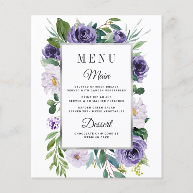 Cartes de menu Mariage Floral Gris d'Argent Violet (Devant)