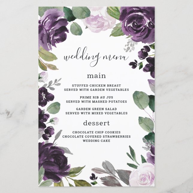 Cartes de menu Mariage florales élégantes en argen (Devant)