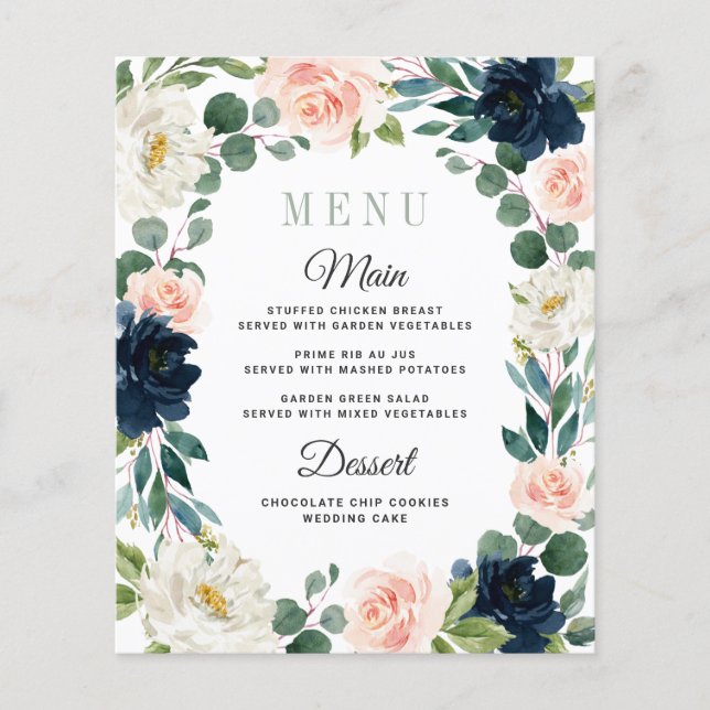Cartes de menu Mariage marine et rose pâle (Devant)