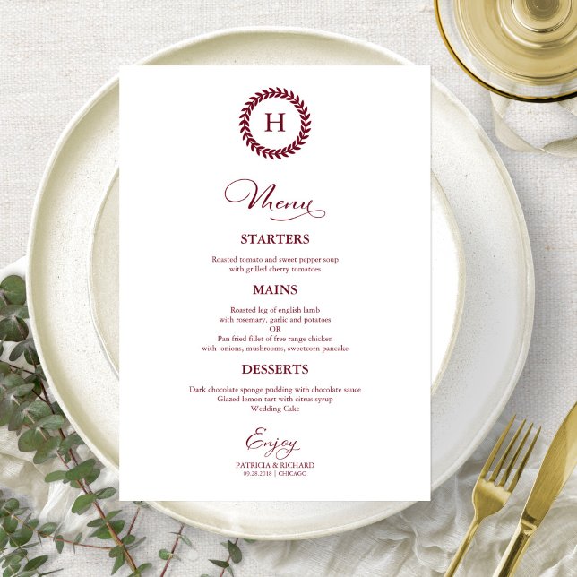 Cartes de menu Mariage Monogramme de couronne Bour (Créateur téléchargé)