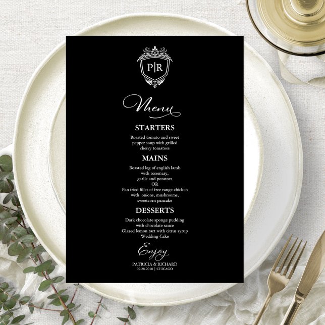 Cartes De Menu Mariage Monogramme Noir Et Blanc (Créateur téléchargé)