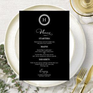 Cartes de menu Mariage Monogramme Wreath Noir
