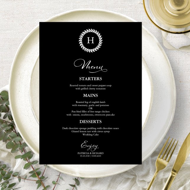 Cartes de menu Mariage Monogramme Wreath Noir (Créateur téléchargé)