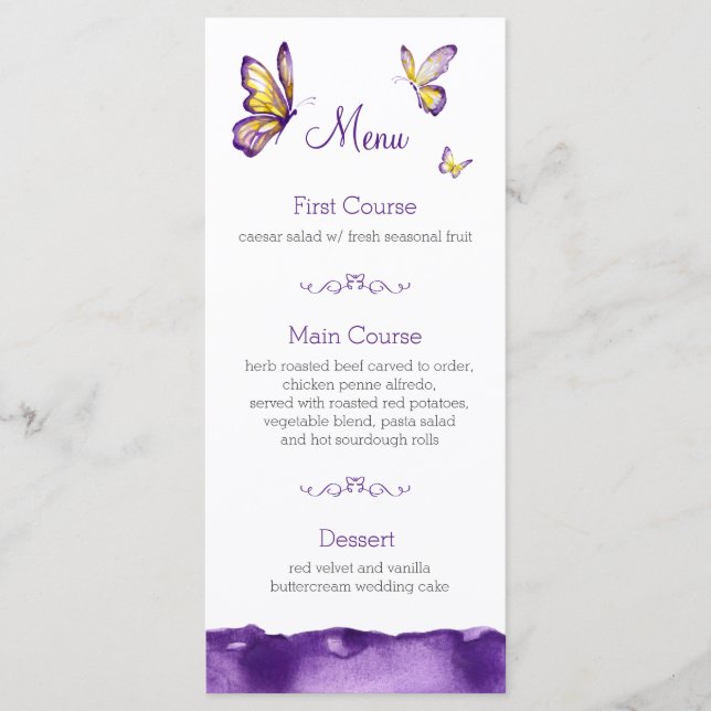 Cartes de menu Mariage papillon | Aquarelle violet (Devant)
