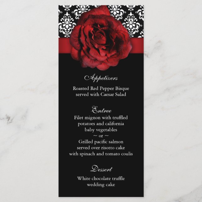 Cartes de menu mariage Rose rouge Damask (Devant)