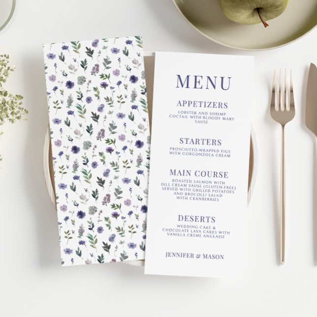 Cartes de menu mariage violet à fleurs (Créateur téléchargé)