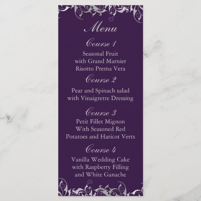 cartes de menu mariage violet et gris argenté (Devant)