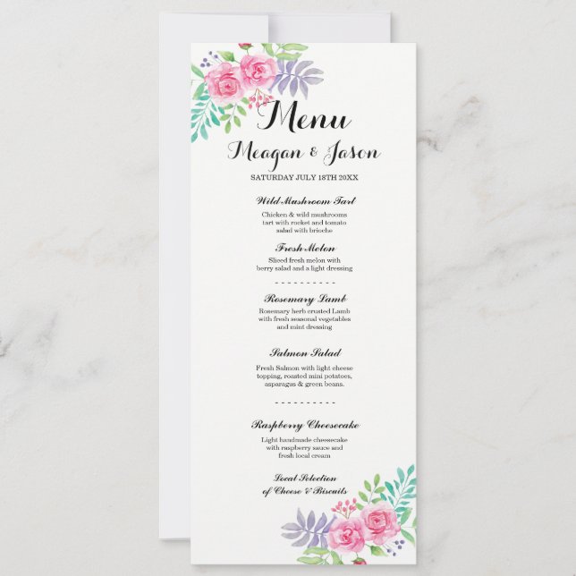 Cartes de Menu Réception de Mariage Élégant Floral (Devant)