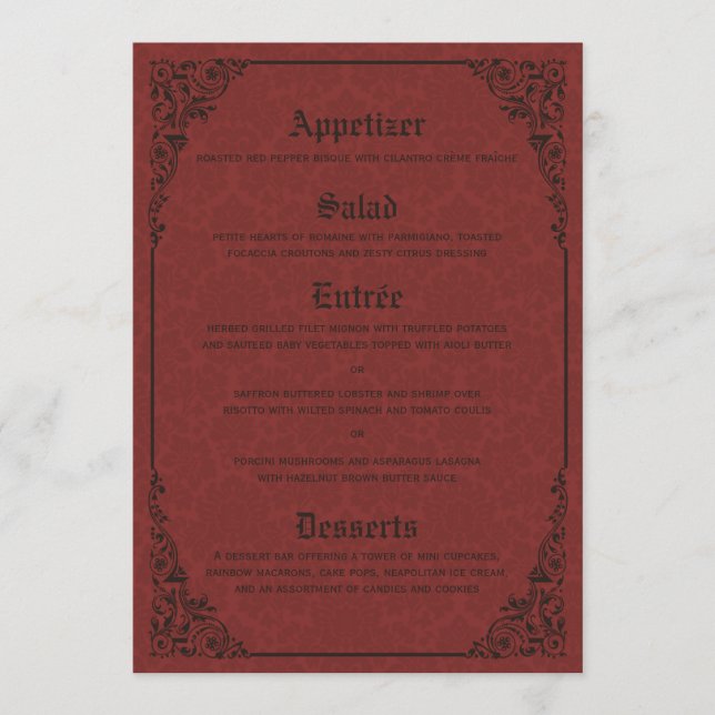 Cartes de menu Red Gothic Victoria Mariage damassé (Devant)