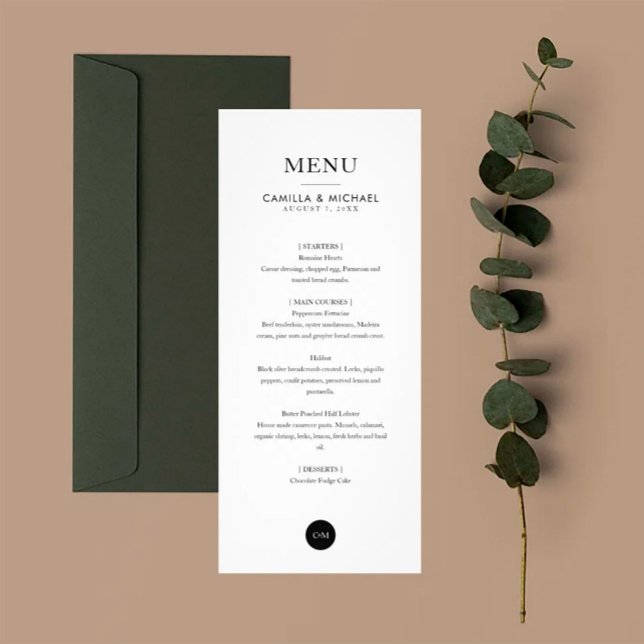 Cartes de menu verticales Mariages simples et mode (Modern Vertical Wedding Menu Card.)