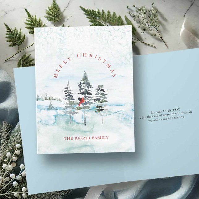 Cartes de Noël aquarelle avec versets bibliques (Christmas card bible verses features watercolor snowy pine tree art & cardinal Victoria Grigaliunas)