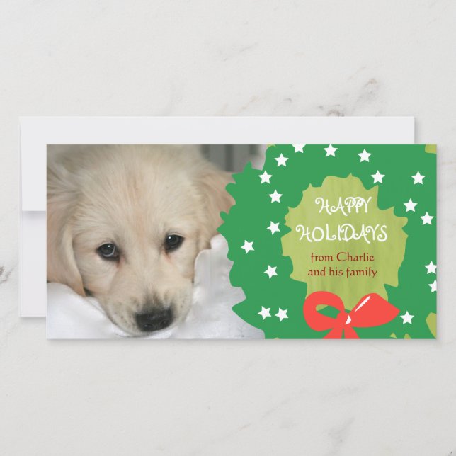Cartes de Noël avec photo de chien Couronne Vert (Devant)