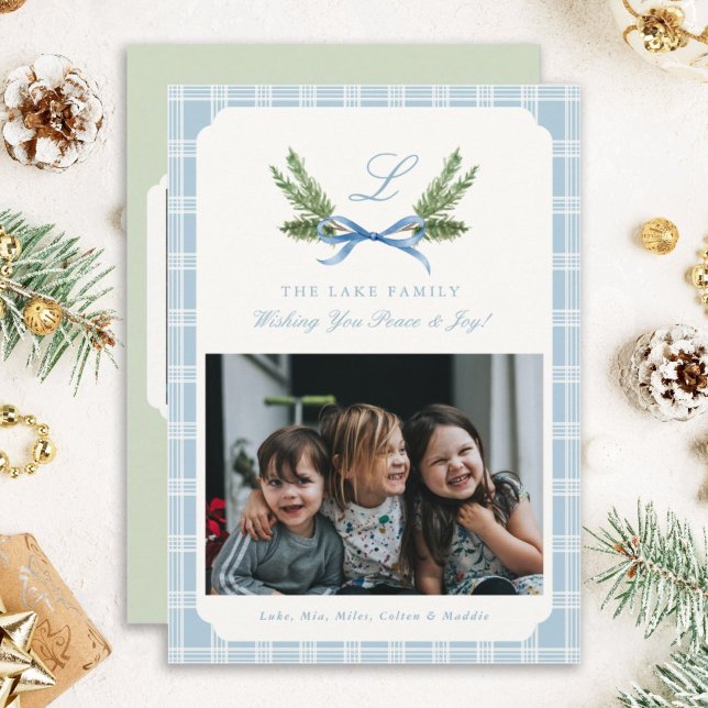 Cartes de Noël bleu Plaid Monogramme Wreath (Créateur téléchargé)