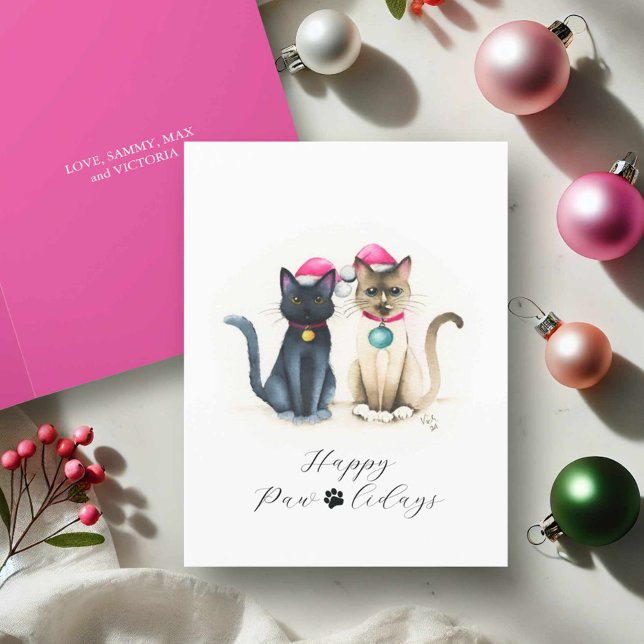 Cartes de Noël Chats au style aquarelle mignonnes (Cute cat Christmas cards watercolor Samantha & Maxwell by Victoria Grigaliunas Do Tell A Belle)
