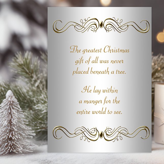 Cartes de Noël chrétienne Silver Gold (Christian Christmas card with elegant gold swirls and scriptures. )