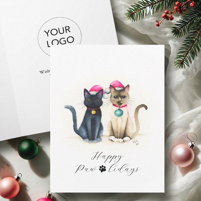 Cartes de Noël d'affaires avec Amoureux des chats  (Business Christmas cards with logo watercolor cats by Victoria Grigaliunas of Do Tell A Belle)