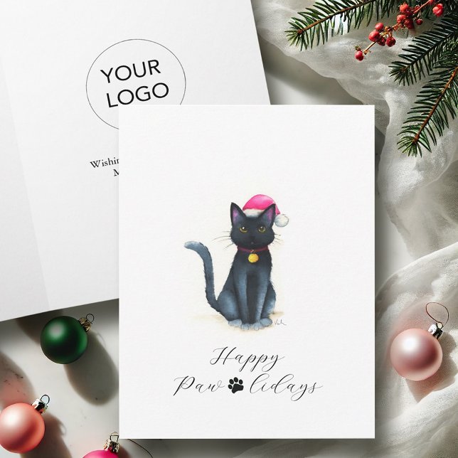Cartes de Noël d'affaires avec logo Chat noir (Business Christmas cards with logo watercolor black cat with Santa hat by Victoria Grigaliunas)