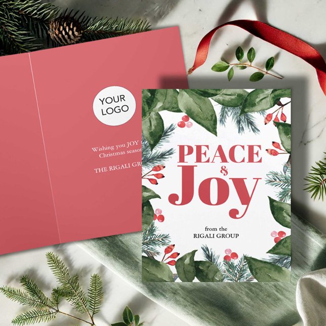 Cartes de Noël d'affaires Botaniques à l'aquarelle (Business Christmas cards with logo watercolor botanicals in red and green with the word Joy)