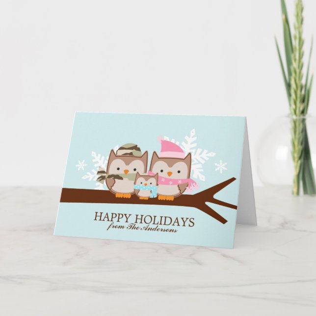 Cartes de Noël de la famille de hiboux militaires (Devant)