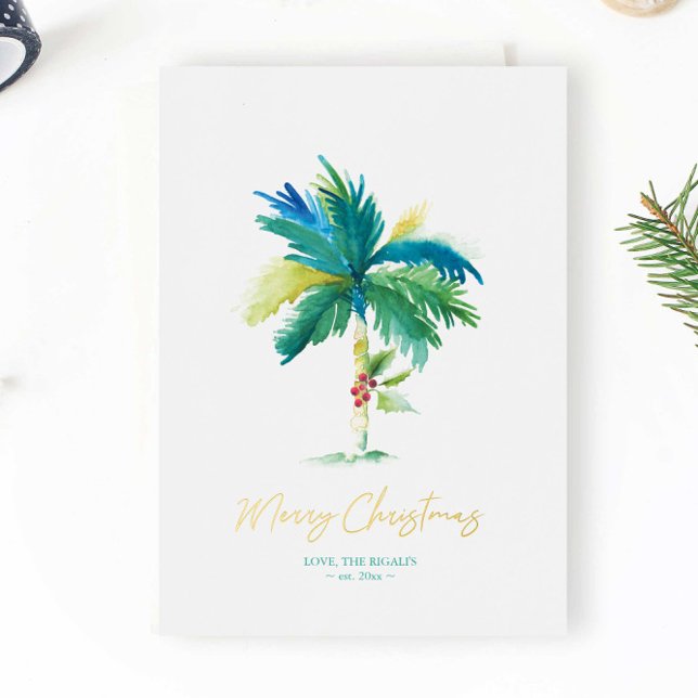 Cartes de Noël de plage uniques Aquarelle Palm Tre (Unique Christmas cards feature watercolor palm tree art by Victoria Grigaliunas of Do Tell A Belle)